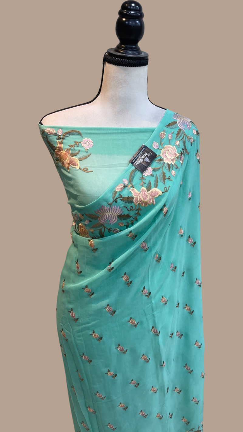 Pure Georgette Chikankari Handloom Banarasi Saree - The Handlooms