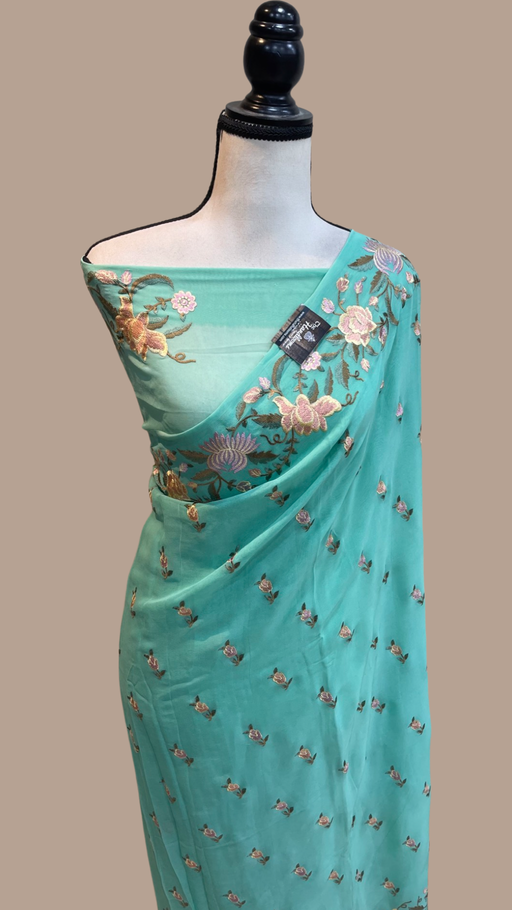 Pure Georgette Chikankari Handloom Banarasi Saree - The Handlooms