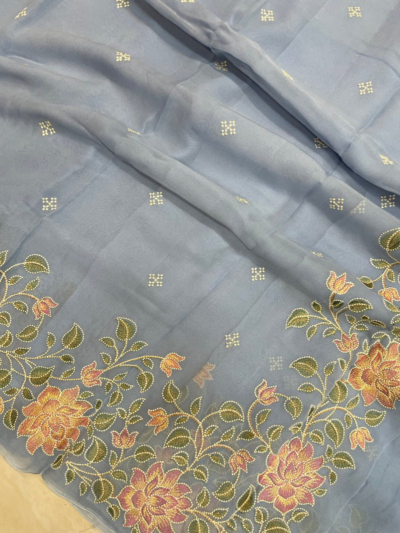 Pure Georgette Chikankari Handloom Banarasi Saree - The Handlooms