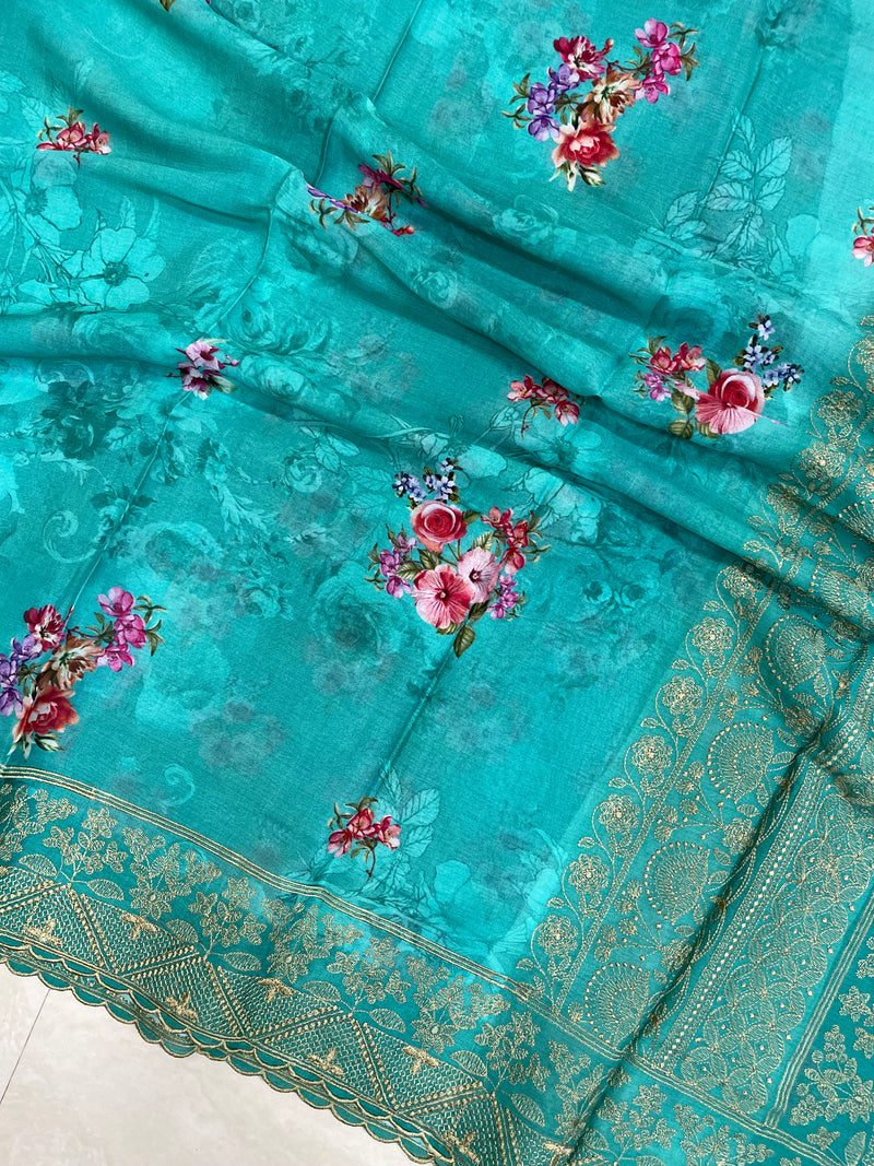 Pure Georgette  Digital Print with Chikankari Handloom Banarasi Saree - The Handlooms