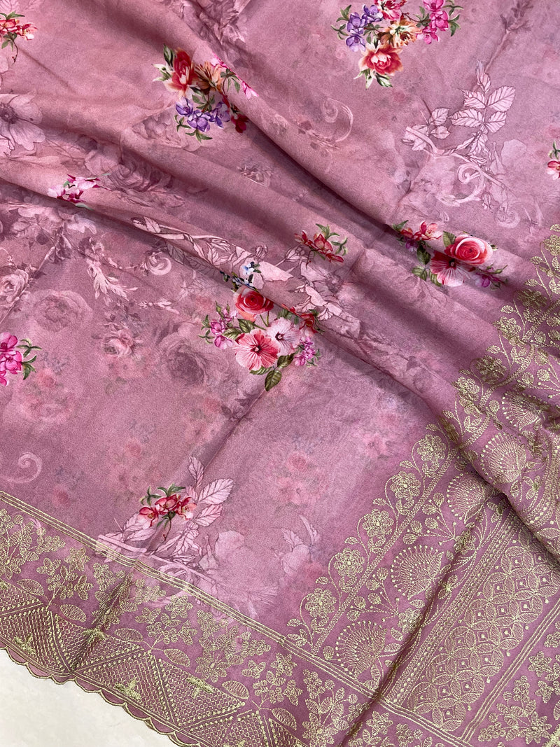 Pure Georgette  Digital Print with Chikankari Handloom Banarasi Saree - The Handlooms