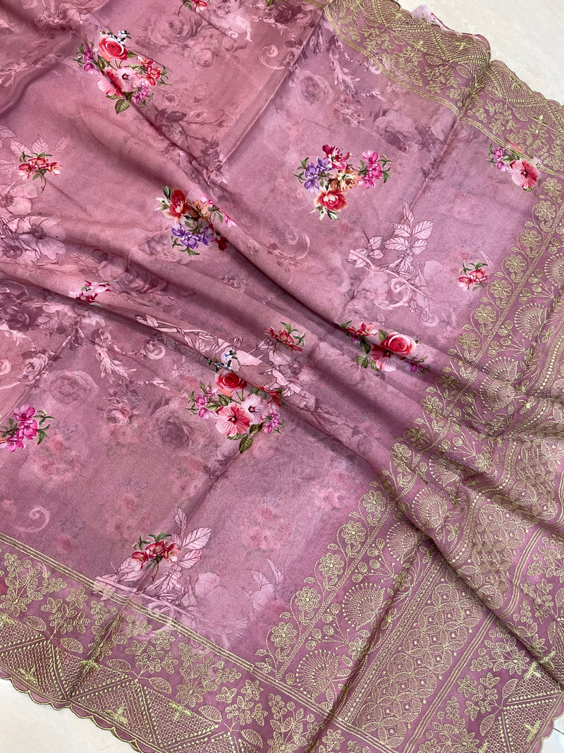 Pure Georgette  Digital Print with Chikankari Handloom Banarasi Saree - The Handlooms