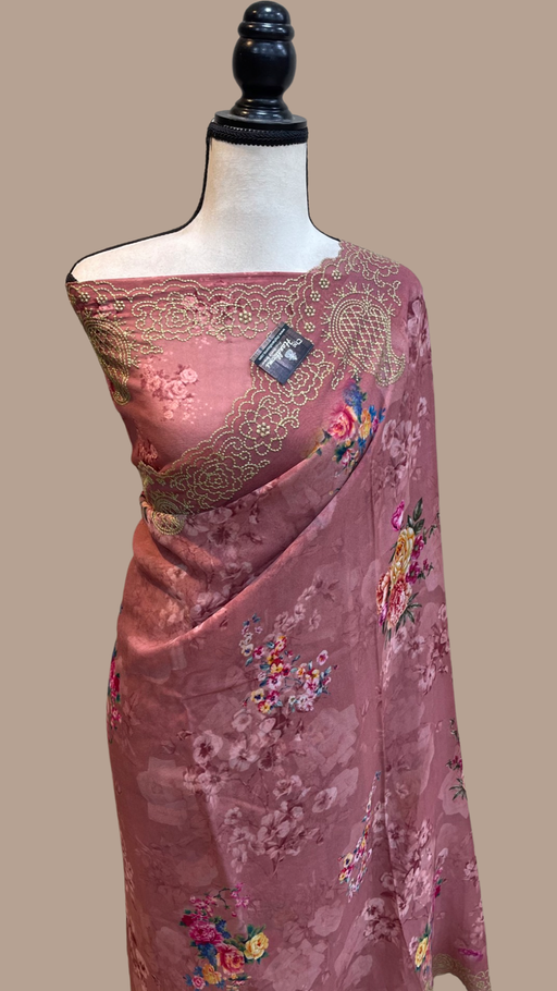 Pure Georgette  Digital Print with Chikankari Handloom Banarasi Saree - The Handlooms