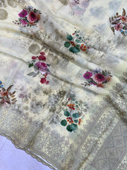 Pure Georgette  Digital Print with Chikankari Handloom Banarasi Saree - The Handlooms