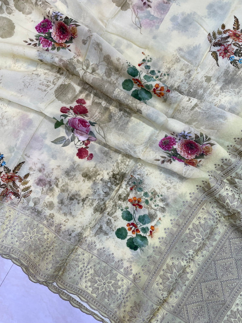 Pure Georgette  Digital Print with Chikankari Handloom Banarasi Saree - The Handlooms