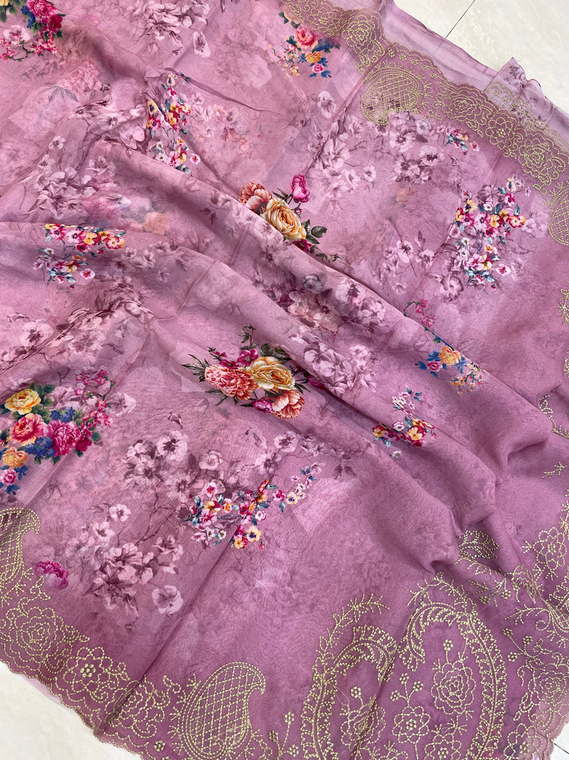 Pure Georgette  Digital Print with Chikankari Handloom Banarasi Saree - The Handlooms