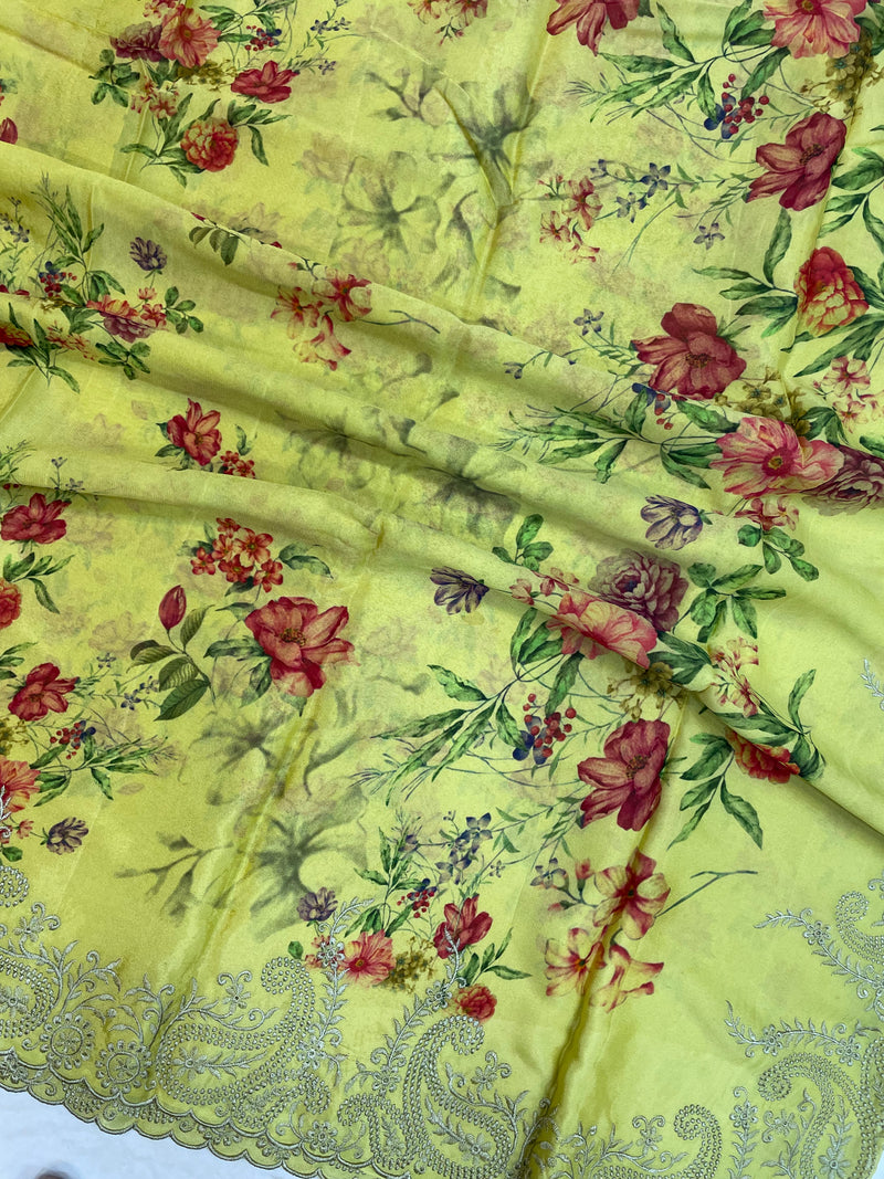 Pure Georgette  Digital Print with Chikankari Handloom Banarasi Saree - The Handlooms