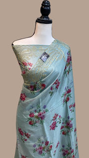 Pure Georgette  Digital Print with Chikankari Handloom Banarasi Saree - The Handlooms