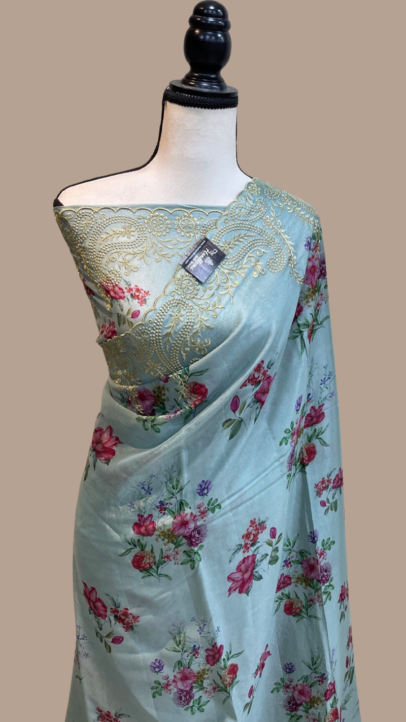 Pure Georgette  Digital Print with Chikankari Handloom Banarasi Saree - The Handlooms