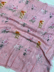 Pure Georgette  Digital Print with Chikankari Handloom Banarasi Saree - The Handlooms