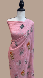 Pure Georgette  Digital Print with Chikankari Handloom Banarasi Saree - The Handlooms