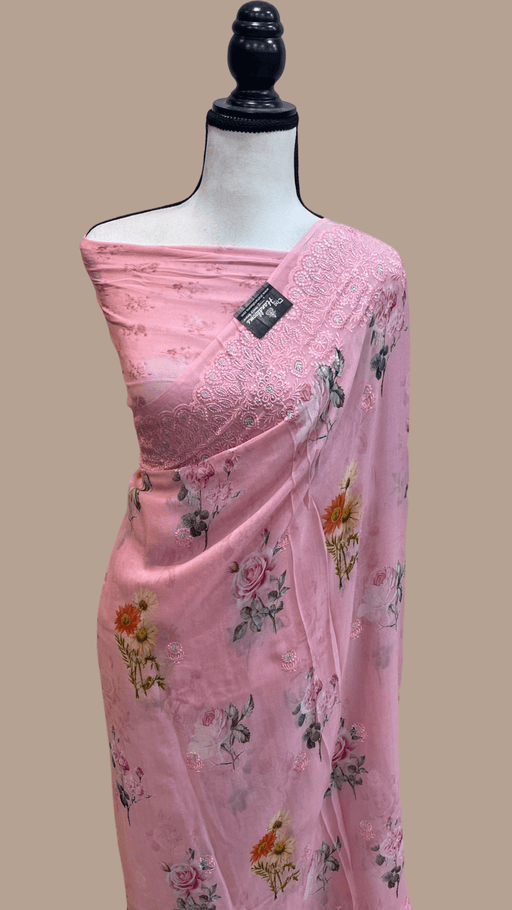 Pure Georgette  Digital Print with Chikankari Handloom Banarasi Saree - The Handlooms