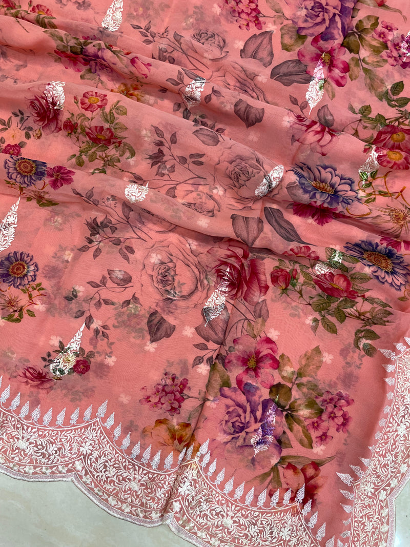 Pure Georgette  Digital Print with Chikankari Handloom Banarasi Saree - The Handlooms