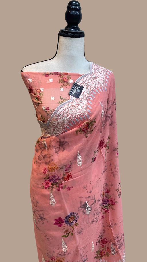 Pure Georgette  Digital Print with Chikankari Handloom Banarasi Saree - The Handlooms