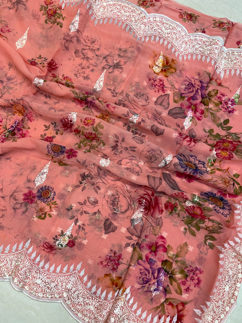 Pure Georgette  Digital Print with Chikankari Handloom Banarasi Saree - The Handlooms