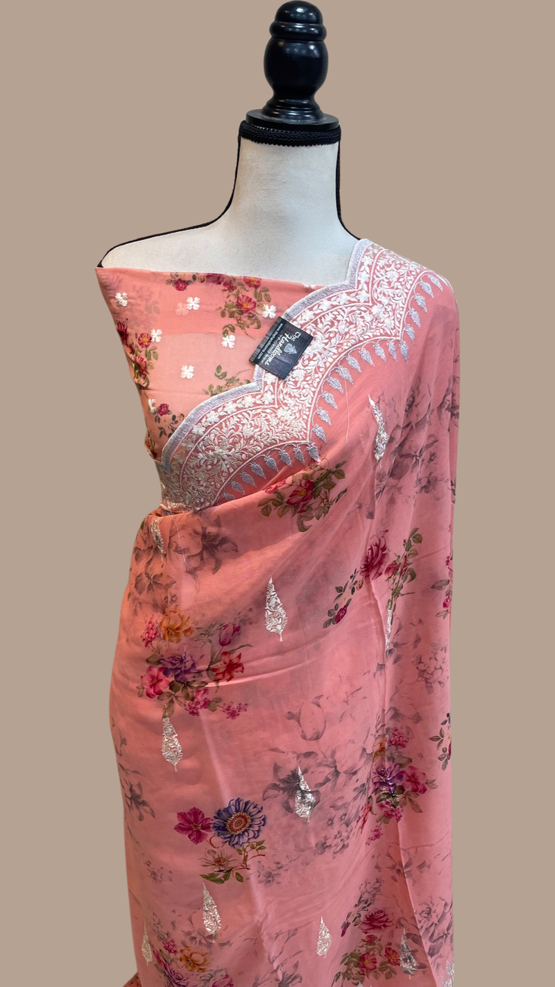 Pure Georgette  Digital Print with Chikankari Handloom Banarasi Saree - The Handlooms