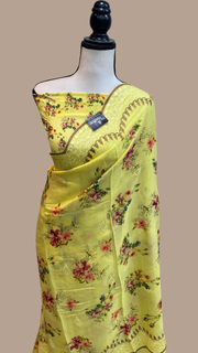 Pure Georgette  Digital Print with Chikankari Handloom Banarasi Saree - The Handlooms