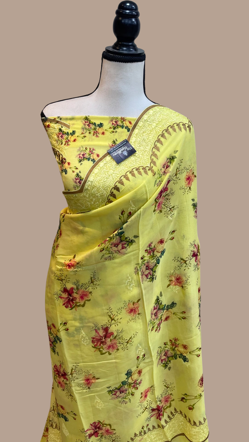 Pure Georgette  Digital Print with Chikankari Handloom Banarasi Saree - The Handlooms