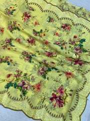 Pure Georgette  Digital Print with Chikankari Handloom Banarasi Saree - The Handlooms