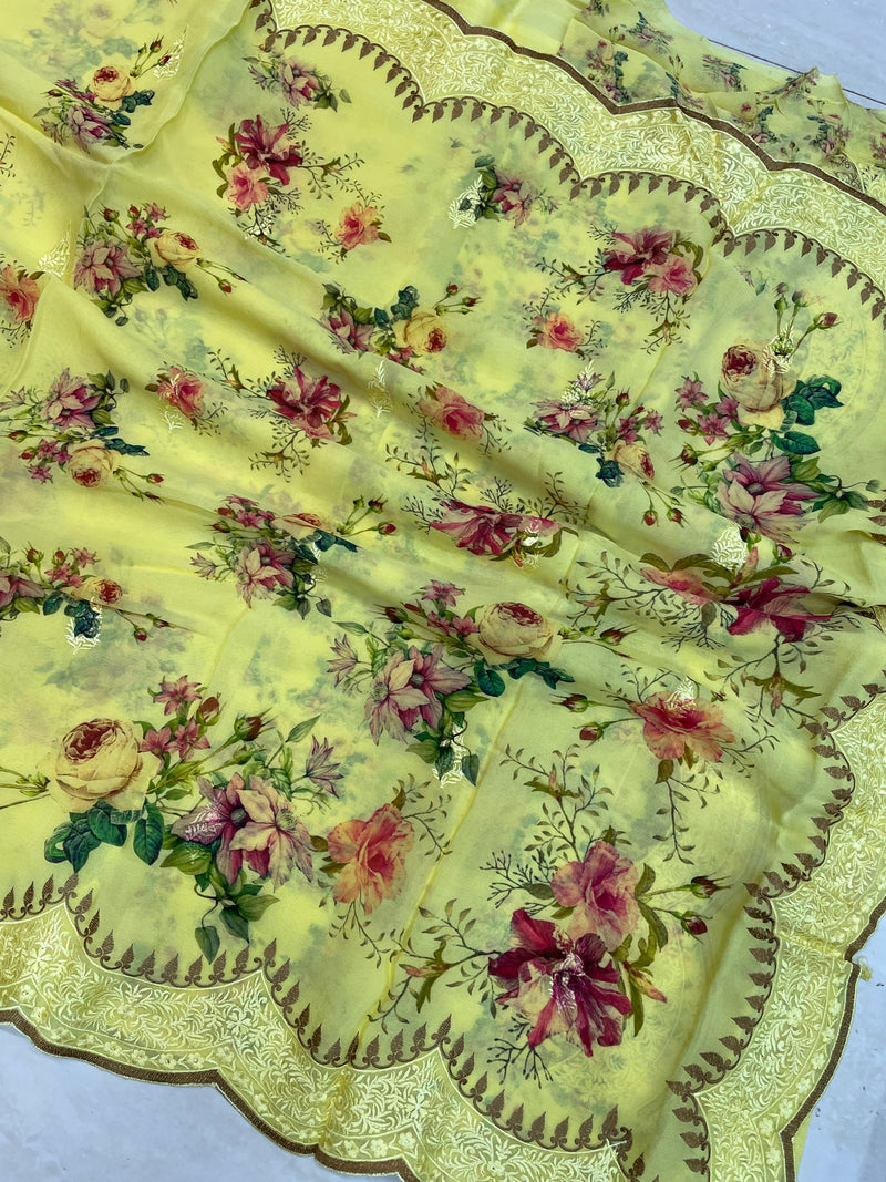 Pure Georgette  Digital Print with Chikankari Handloom Banarasi Saree - The Handlooms