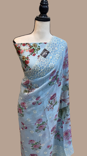 Pure Georgette  Digital Print with Chikankari Handloom Banarasi Saree - The Handlooms