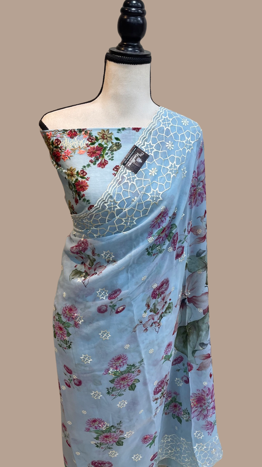 Pure Georgette  Digital Print with Chikankari Handloom Banarasi Saree - The Handlooms