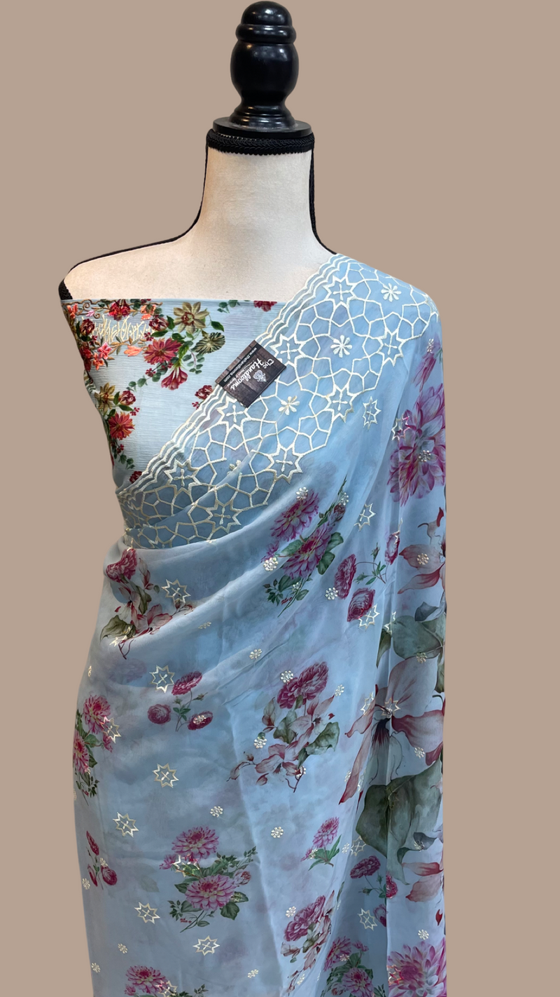 Pure Georgette  Digital Print with Chikankari Handloom Banarasi Saree - The Handlooms