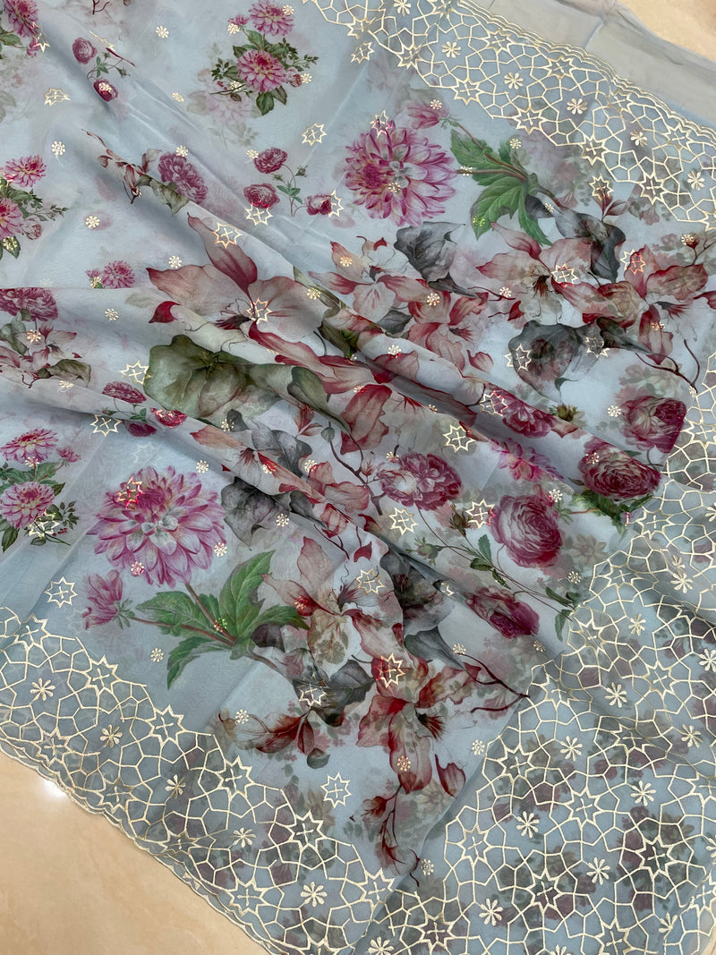 Pure Georgette  Digital Print with Chikankari Handloom Banarasi Saree - The Handlooms