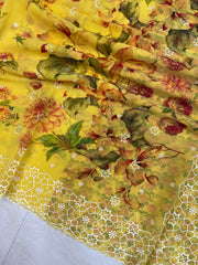 Pure Georgette  Digital Print with Chikankari Handloom Banarasi Saree - The Handlooms