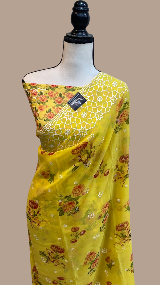 Pure Georgette  Digital Print with Chikankari Handloom Banarasi Saree - The Handlooms