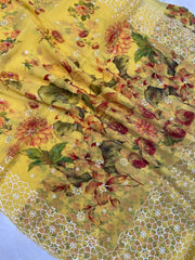 Pure Georgette  Digital Print with Chikankari Handloom Banarasi Saree - The Handlooms