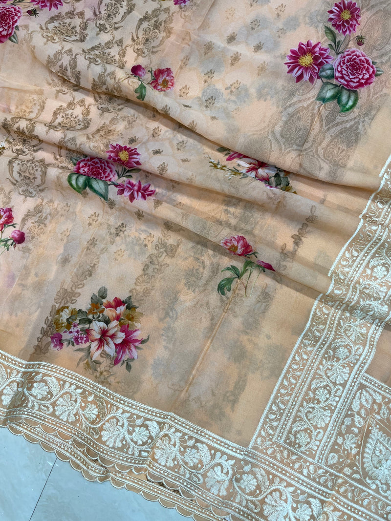 Pure Georgette  Digital Print with Chikankari Handloom Banarasi Saree - The Handlooms