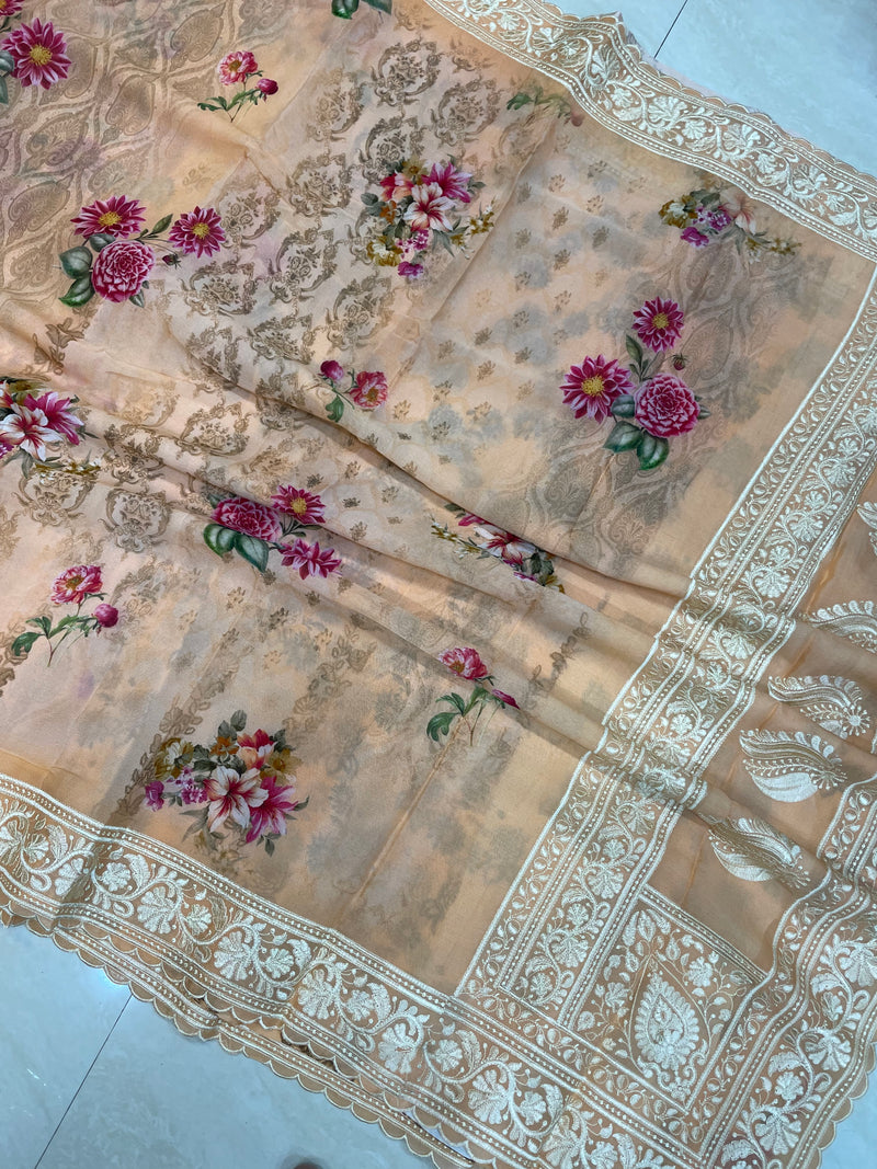 Pure Georgette  Digital Print with Chikankari Handloom Banarasi Saree - The Handlooms