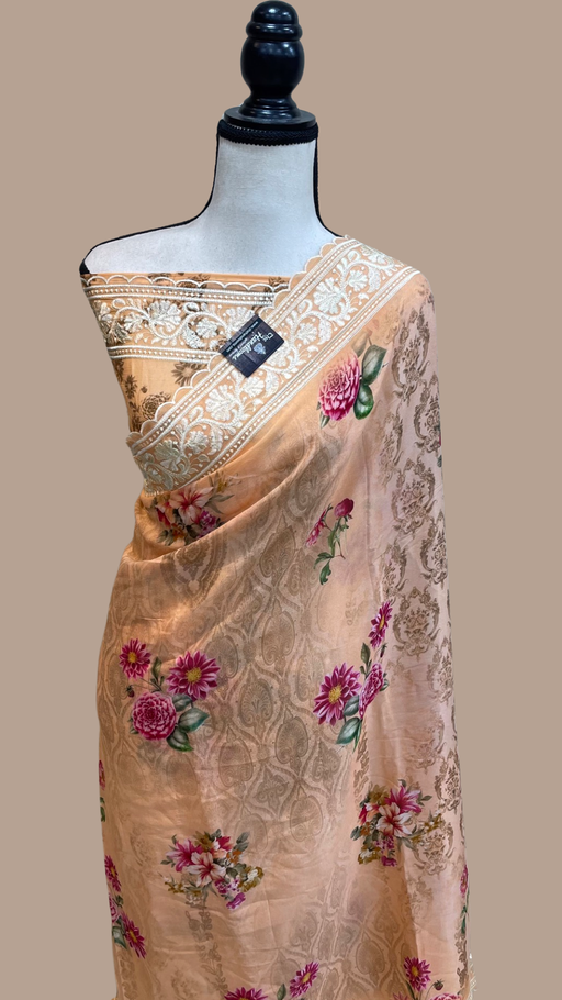 Pure Georgette  Digital Print with Chikankari Handloom Banarasi Saree - The Handlooms