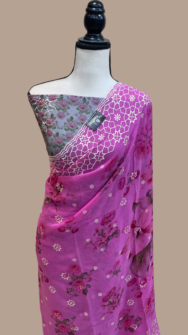 Pure Georgette  Digital Print with Chikankari Handloom Banarasi Saree - The Handlooms