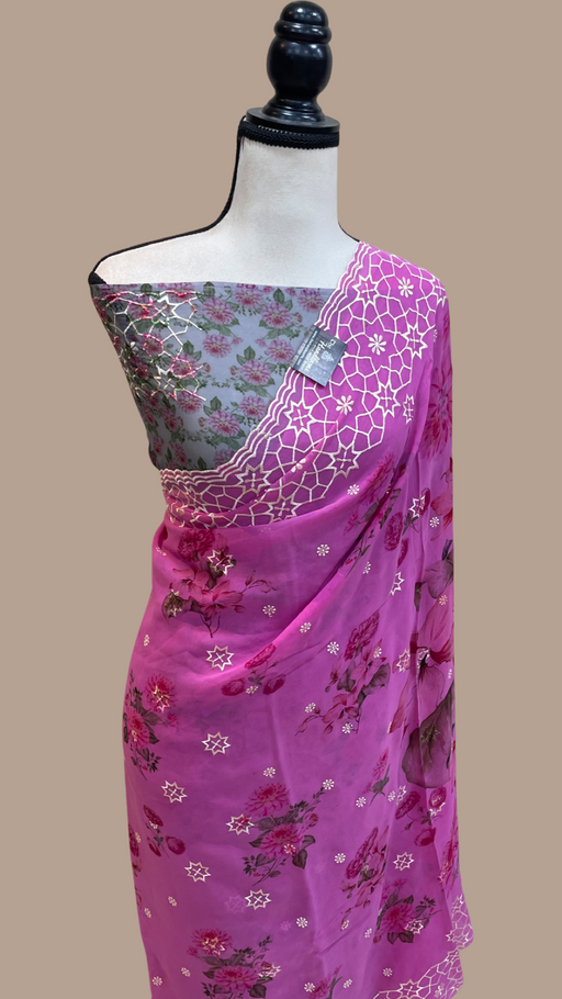 Pure Georgette  Digital Print with Chikankari Handloom Banarasi Saree - The Handlooms