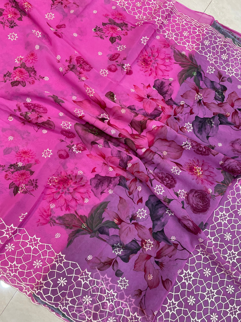 Pure Georgette  Digital Print with Chikankari Handloom Banarasi Saree - The Handlooms