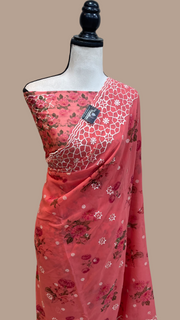 Pure Georgette  Digital Print with Chikankari Handloom Banarasi Saree - The Handlooms