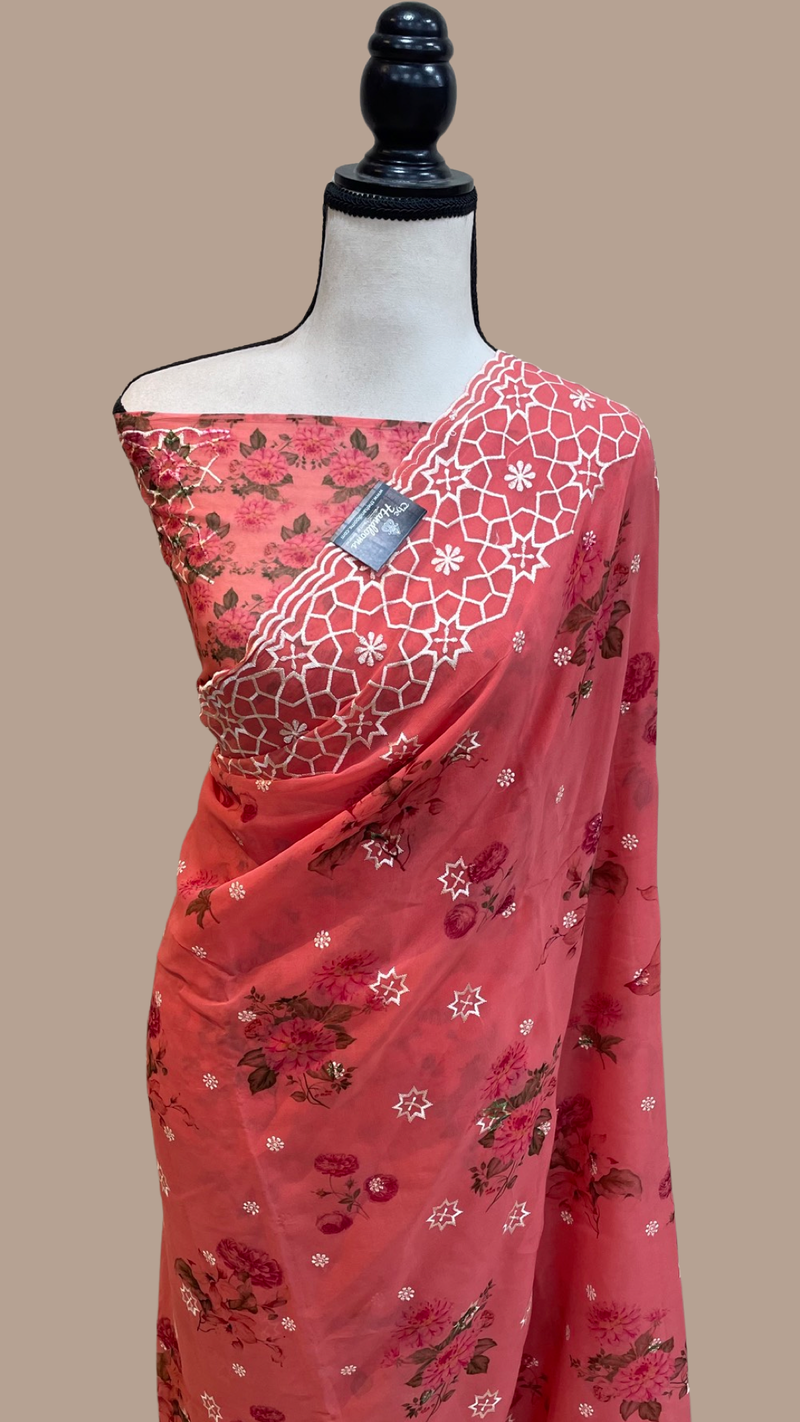 Pure Georgette  Digital Print with Chikankari Handloom Banarasi Saree - The Handlooms