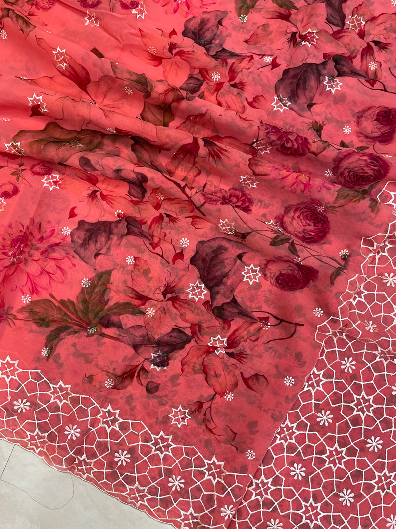 Pure Georgette  Digital Print with Chikankari Handloom Banarasi Saree - The Handlooms