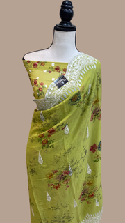 Pure Georgette  Digital Print with Chikankari Handloom Banarasi Saree - The Handlooms