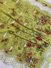 Pure Georgette  Digital Print with Chikankari Handloom Banarasi Saree - The Handlooms