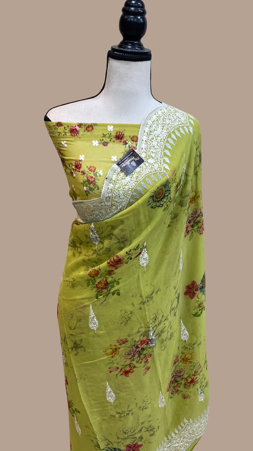 Pure Georgette  Digital Print with Chikankari Handloom Banarasi Saree - The Handlooms