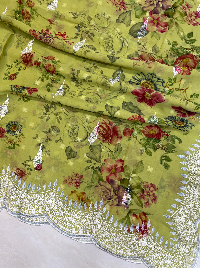 Pure Georgette  Digital Print with Chikankari Handloom Banarasi Saree - The Handlooms