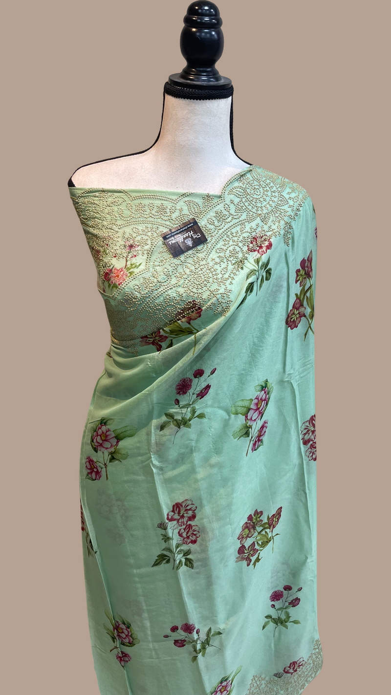 Pure Georgette  Digital Print with Chikankari Handloom Banarasi Saree - The Handlooms
