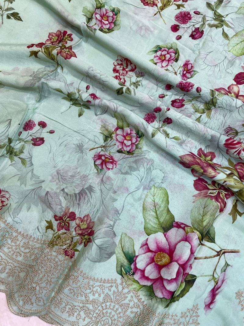 Pure Georgette  Digital Print with Chikankari Handloom Banarasi Saree - The Handlooms