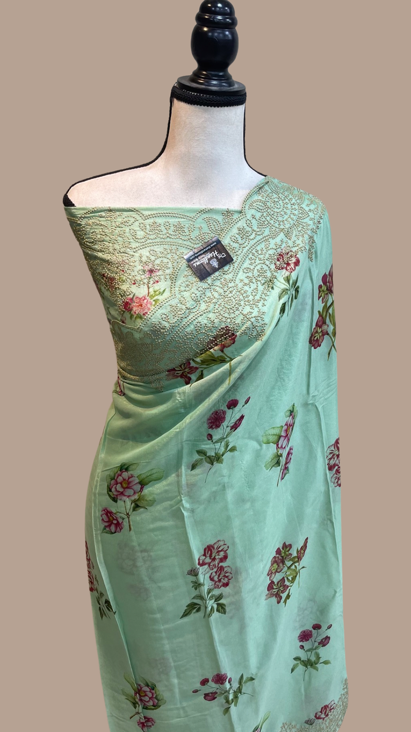 Pure Georgette  Digital Print with Chikankari Handloom Banarasi Saree - The Handlooms