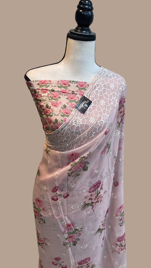 Pure Georgette  Digital Print with Chikankari Handloom Banarasi Saree - The Handlooms