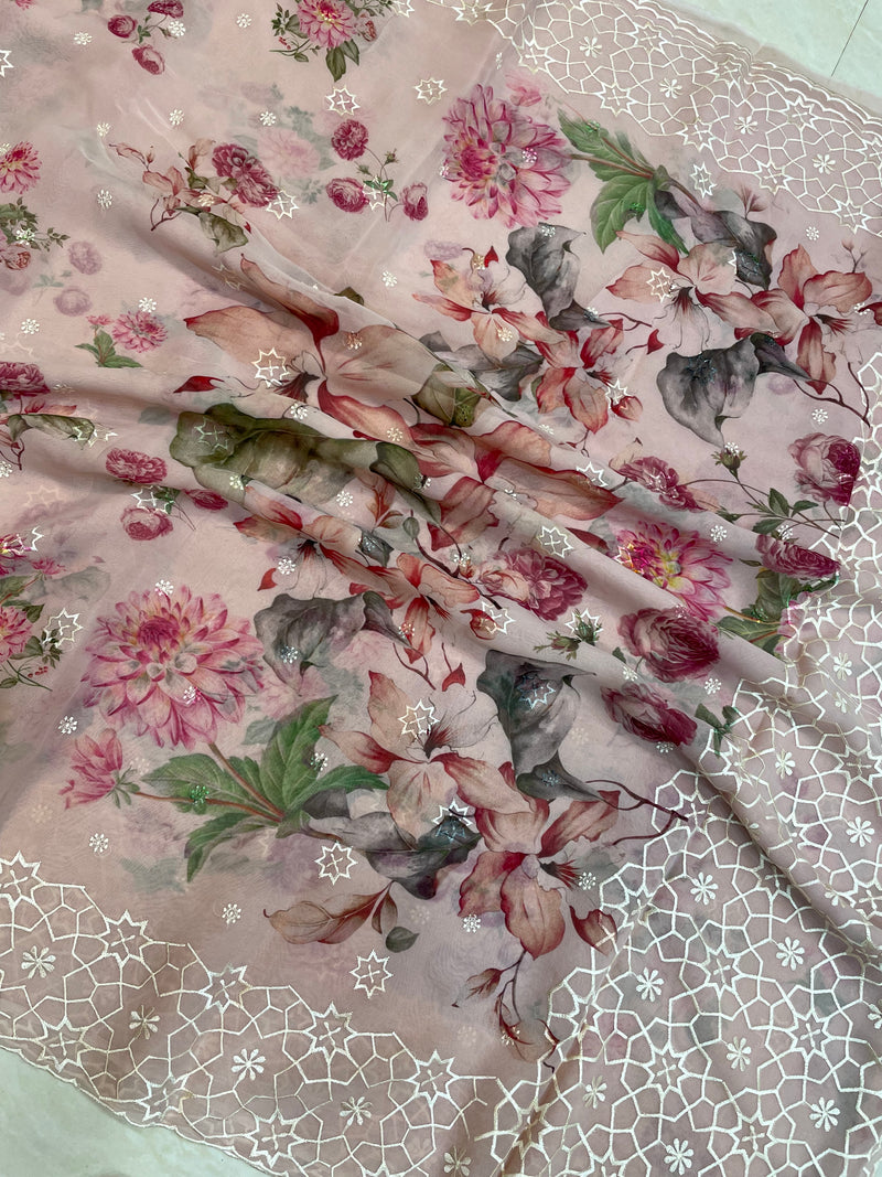 Pure Georgette  Digital Print with Chikankari Handloom Banarasi Saree - The Handlooms