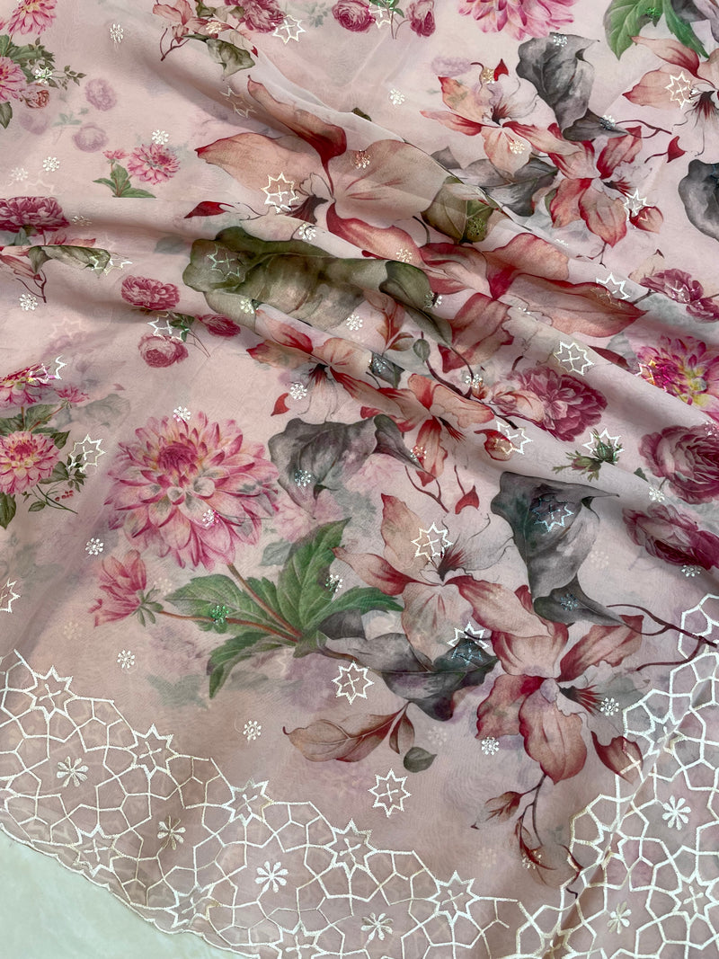 Pure Georgette  Digital Print with Chikankari Handloom Banarasi Saree - The Handlooms